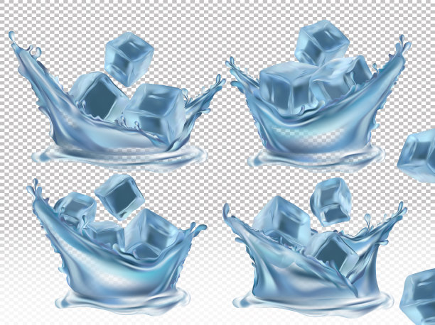 真实的冰块和水溅在透明的背景。不同角度的蓝色冰冻冰块。矢量插图。图片下载