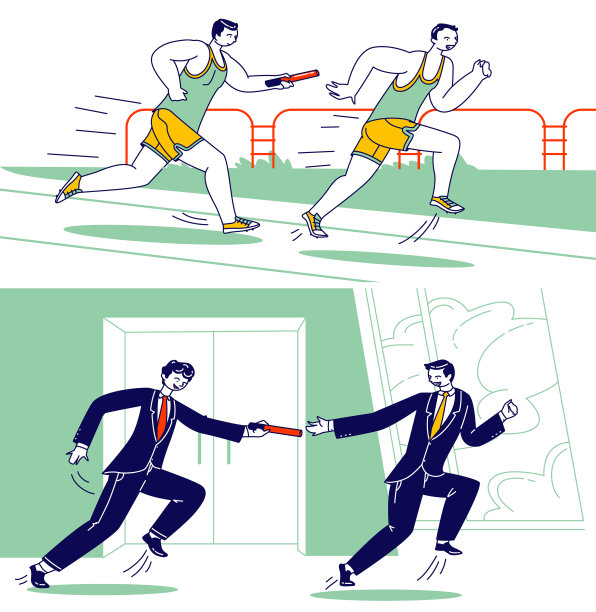 接力赛，男性角色在体育场和办公室走廊上用接力棒跑步。运动员和商人跑步素材图片
