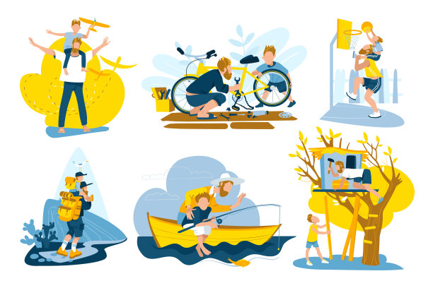 父亲和儿子一起花时间集矢量插图。玩，钓鱼，徒步旅行和建造树屋，发射玩具飞机。图片下载