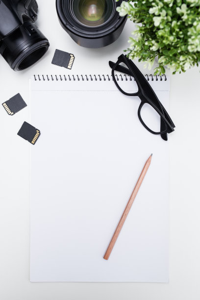 办公桌边-摄影器材，记事本，眼镜和植物图片下载