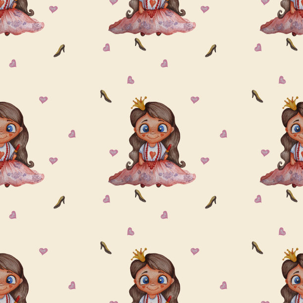 可爱的孩子们集合。无缝模式。小女孩公主头上戴着皇冠，长发，手上涂着红心粉色底色的口红。水彩。手绘。用于纺织品和装饰图片下载