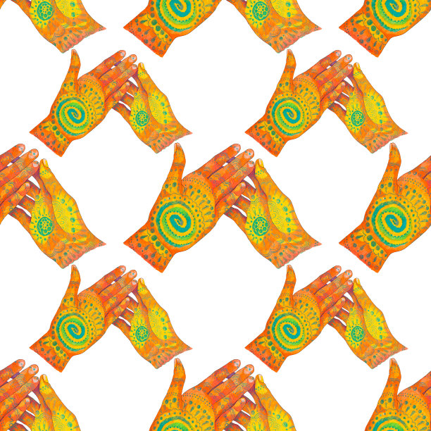 无缝图案伸出手与点缀在白色。创意手绘橙色背景图片下载