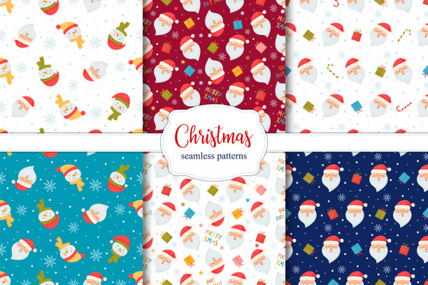 一套无缝的圣诞图案与圣诞老人，拐杖糖，礼物和雪人。图片下载