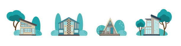 生态房屋和设计元素的一套图标。可爱的房子被绿色植物包围，以卡通风格绘制，孤立在白色的背景。矢量插图在一个平坦的风格。图片下载