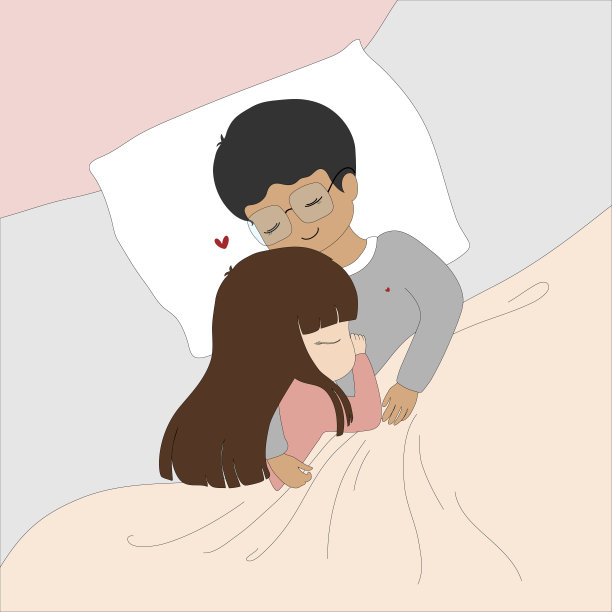 卡哇伊的情人节。可爱的恋人男孩和女孩躺在床上。甜蜜和可爱的卡通一对夫妇在床上睡觉。矢量插图浪漫贺卡。图片下载