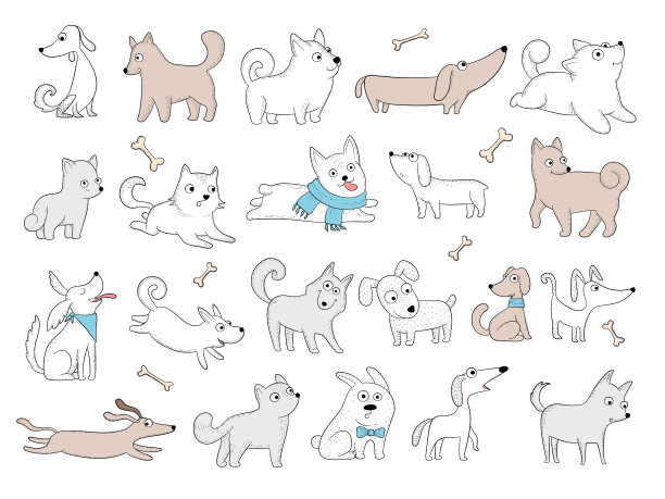 狗的角色。有趣的家养动物玩小狗与玩具友好的微笑狗向量图片图片下载