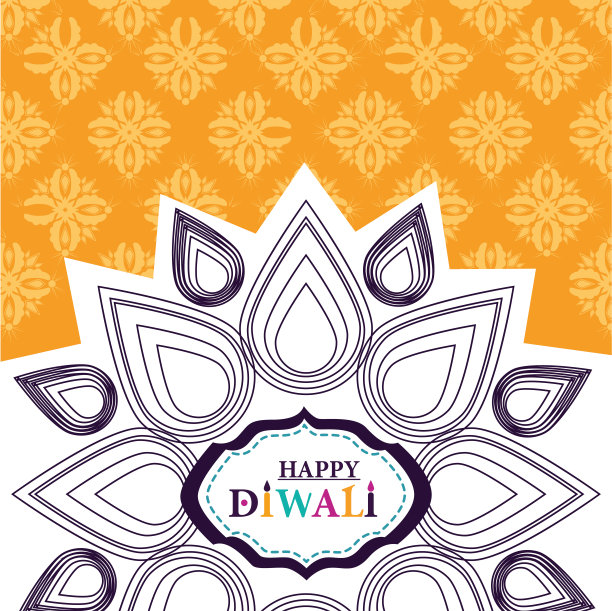 排灯节快乐，曼陀罗花花点缀黄色背景图片下载