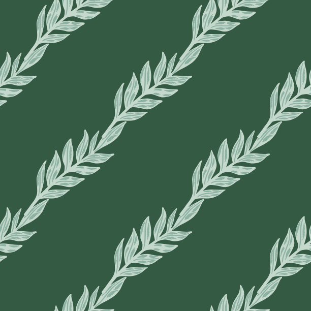 对角线无缝涂鸦图案与树叶形状。蓝色的叶子在绿色的背景上分枝。图片下载