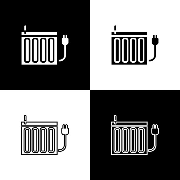 设置加热器散热器图标隔离在黑色和白色背景。向量图片下载