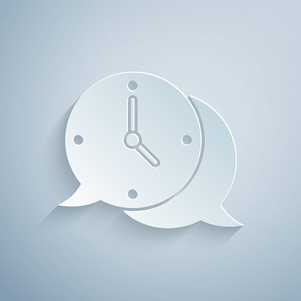 剪纸时钟与语音气泡图标孤立在灰色背景。时间信号。办公室手表或计时器符号。纸艺术风格。向量图片下载