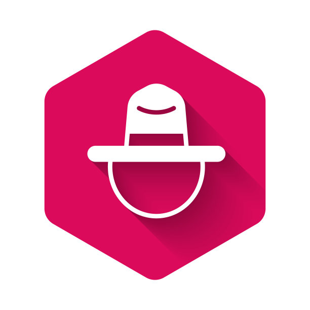 白色加拿大骑警帽制服图标孤立与长影子。粉红色的六角按钮。向量图片下载