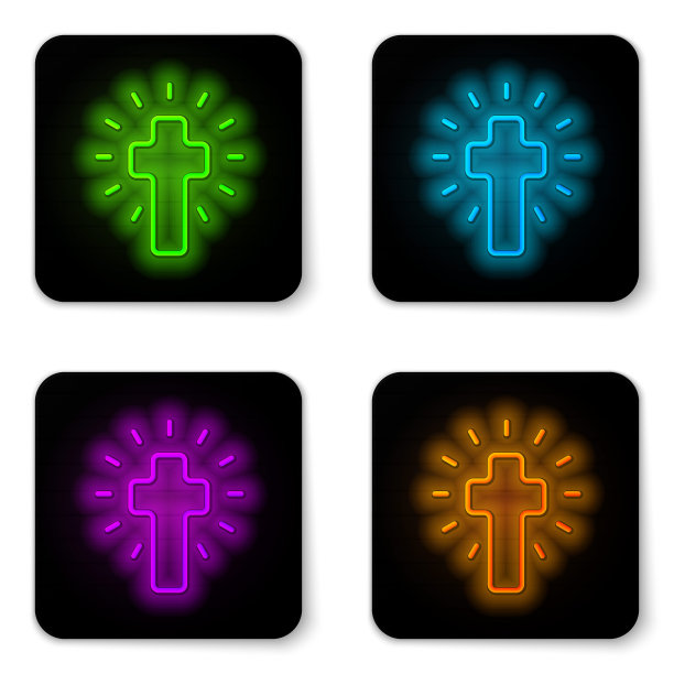 发光的霓虹线基督教十字图标孤立在白色的背景。教堂的十字架。黑色方形按钮。向量图片下载