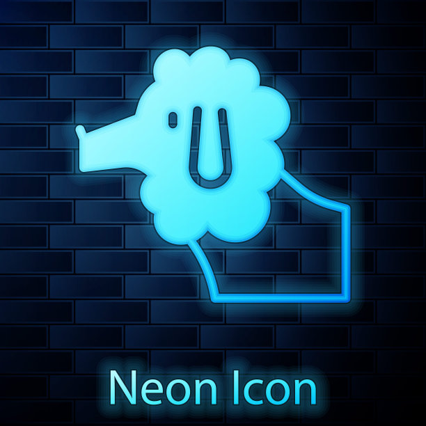发光的霓虹灯法国贵宾犬图标隔离在砖墙背景。向量图片下载