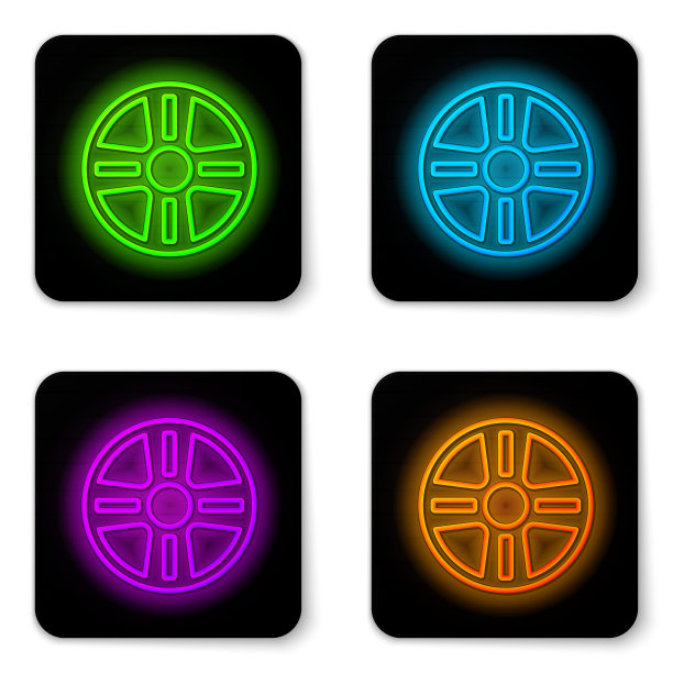 发光的霓虹灯线合金车轮的汽车图标隔离在白色的背景。黑色方形按钮。向量图片下载