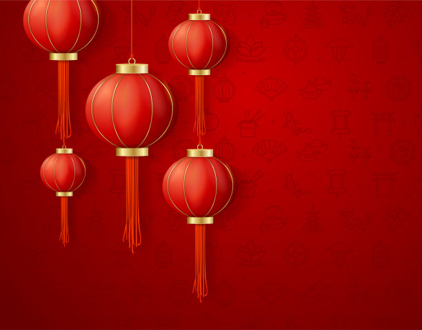 逼真详细的3d中国红纸灯笼背景卡。向量图片下载