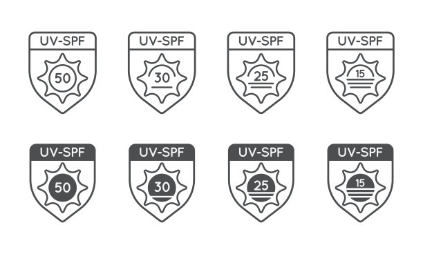 一套防晒紫外线指数，spf50, spf30, 25, 15矢量图标集合。图片下载