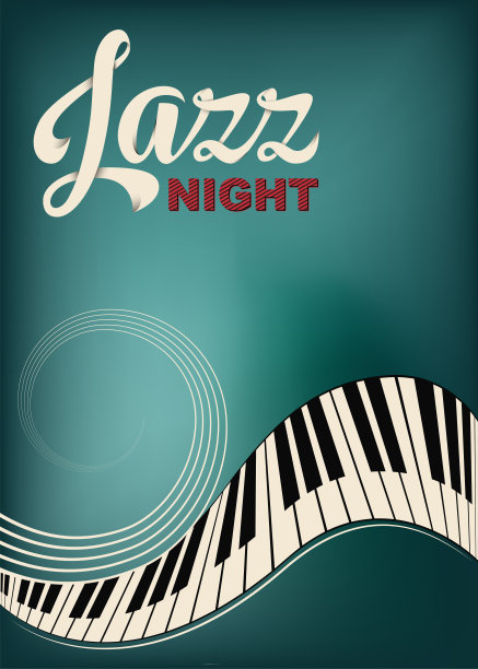 爵士音乐节或音乐会海报。程式化的钢琴键和五线谱。刻字爵士之夜。音乐背景模板。阴影和垃圾的效果。图片下载