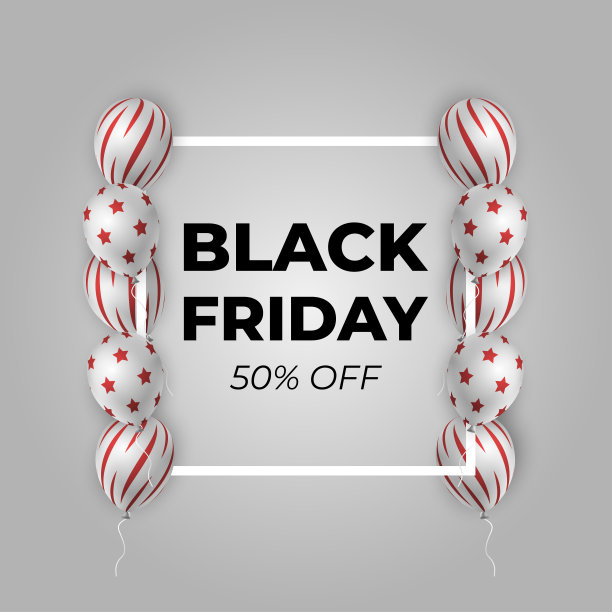 黑色星期五促销海报与闪亮的气球在灰色背景与方形框架。矢量插图。图片下载