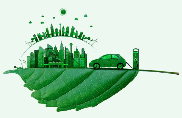 电动汽车用树叶剪出智慧城市。来自地球的可持续能源。6、节约自然，保护地球。生态学的概念。图片下载