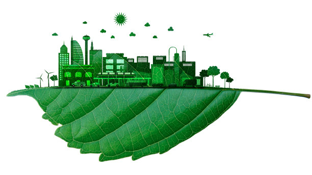 智能城市。绿叶剪出了城市，交通方式有地铁、火车和汽车。风力涡轮机和太阳能电池的可持续能源，以节约自然和地球。图片下载