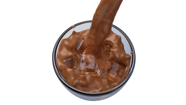 巧克力牛奶加冰块，3D渲染图片下载