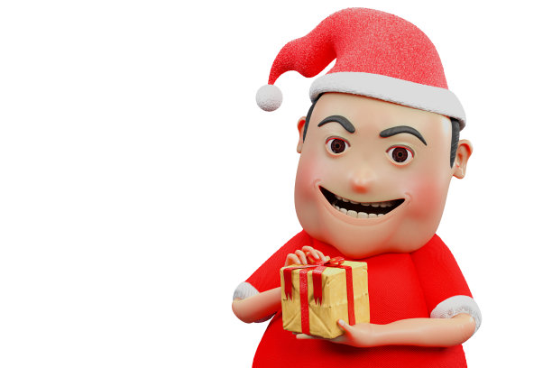 3d渲染人物的男人穿着圣诞老人的服装，同时拿着圣诞概念礼物盒，孤立在白色背景与剪切路径。图片下载