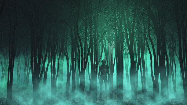 3D邪恶的万圣节动物在雾霾森林图片下载