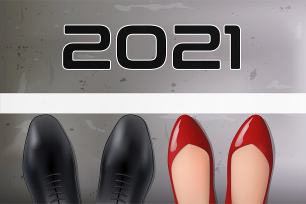 2021年，一男一女站在起跑线前的鞋子象征着机会均等图片下载