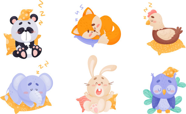 可爱的卡通动物睡在枕头上图片下载