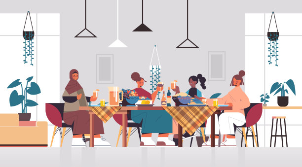 一群混血女性朋友坐在餐桌上讨论，在妇女俱乐部的女孩们互相支持晚餐图片下载