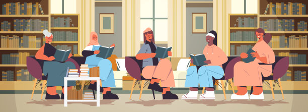 一群混血妇女坐在一起阅读现代书友会的内部图片下载