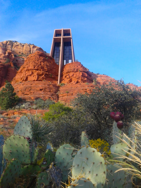 建筑小教堂建在岩面之上，沙漠上长满了仙人球。图片下载