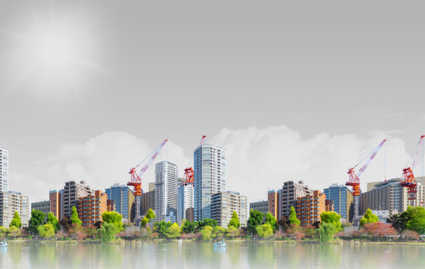 现代城市户外公园以绿树蓝天为生态小镇背景。图片下载