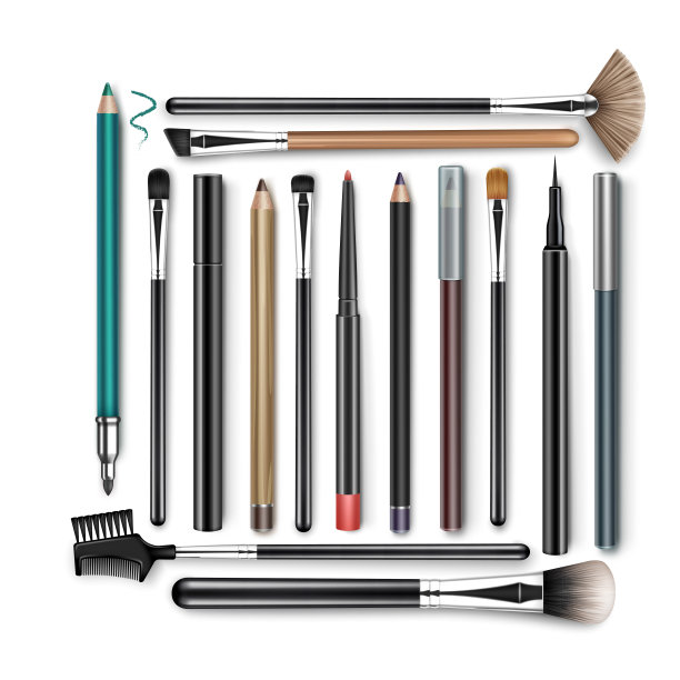 矢量组专业的化妆遮瑕膏，粉，腮红，眼影，眉毛刷和眼线笔，唇笔与帽子隔离在白色的背景图片下载