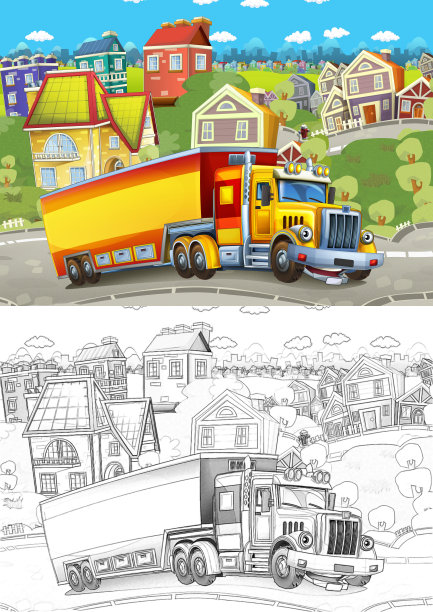 卡通小品快乐货车无拖车通过城市-插图图片下载