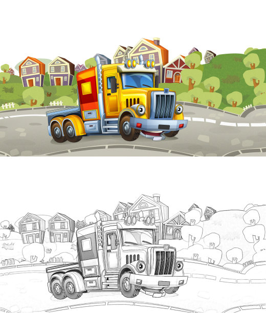 卡通小品快乐货车无拖车通过城市-插图图片下载