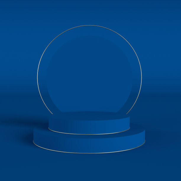 3 d渲染。蓝空的讲台。圆形金框，圆柱形台阶。2020的颜色图片下载