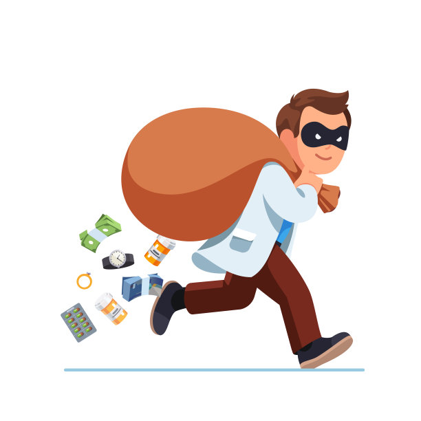医务工作者医生小偷罪犯跑着带着一个大袋子装满了药片，钱包从里面掉了下来。快乐强盗男护士带着赃物偷。平面矢量字符插图图片下载