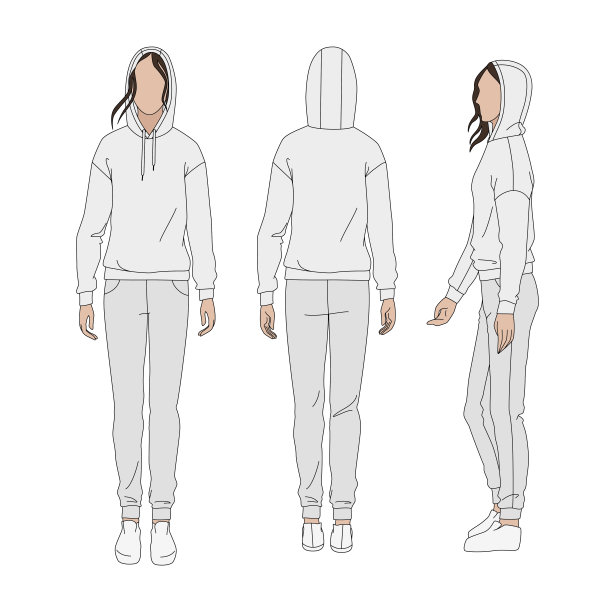 向量运动服，裤子和帽衫。妇女素描技术制图。向量细线女孩模特模板。女人的身体，正面，背面，侧面。图片下载