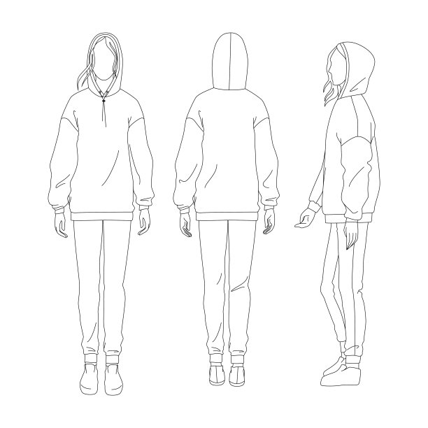 向量运动服，裤子和帽衫。妇女素描技术制图。向量细线女孩模特模板。女人的身体，正面，背面，侧面。图片下载