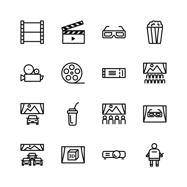 简单的一组电影相关的图标。电影院的汽车，3D眼镜，爆米花，可乐，电影放映机，票，观众，屏幕，摄像机等。向量图片下载