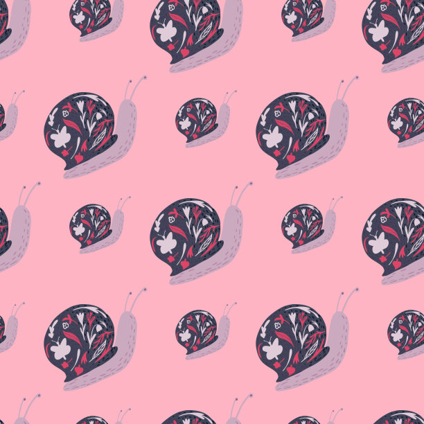 紫蜗牛细密点缀无缝图案。手绘野生动物艺术品在粉红色的背景。图片下载