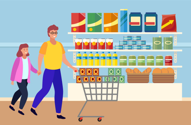 父亲和女儿在超市购物向量图片下载