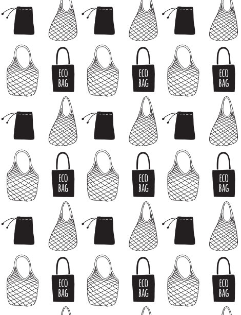 矢量无缝图案手绘涂鸦素描购物可重复使用的杂货布绳网棉环保袋图片下载