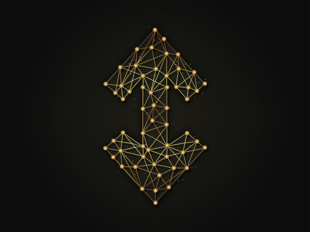 金色抽象插图向上和向下箭头符号在黑暗的背景。箭头形状由线和点组成。图片下载