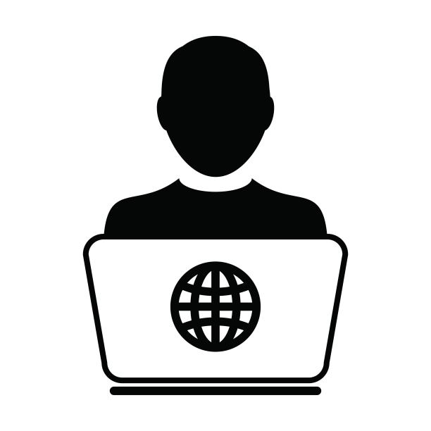 操作员图标矢量人物与笔记本电脑男性用户个人资料头像地球符号，用于在家在线工作图片下载