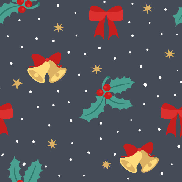 圣诞节无缝图案蝴蝶结，槲寄生，星星，点和铃铛。图片下载