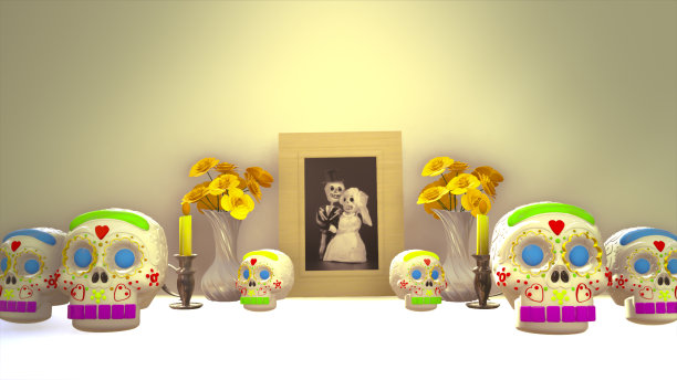 这是一个传统的亡灵日，墨西哥奥佛伦达在白色的桌子上放了一张3D的头骨图片图片下载