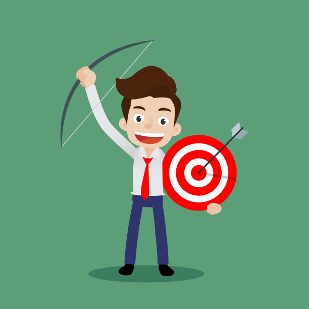 快乐的商人拿着弓和靶子站着，箭准确地射中了目标，卡通向量图片下载