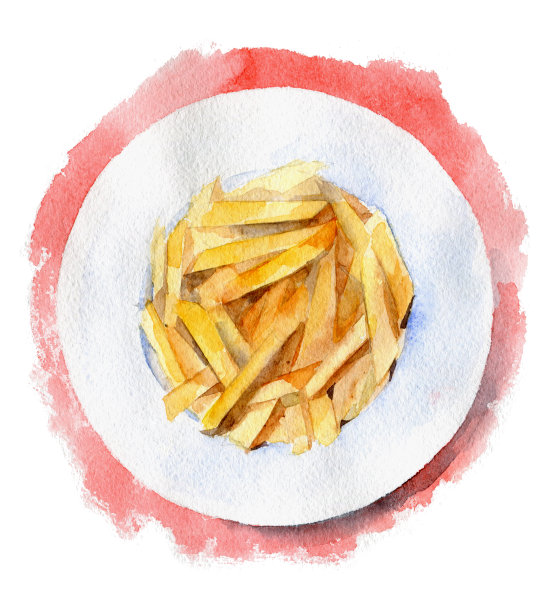 红色背景的盘子里的炸薯条。从上往下看。手绘水彩插图。图片下载